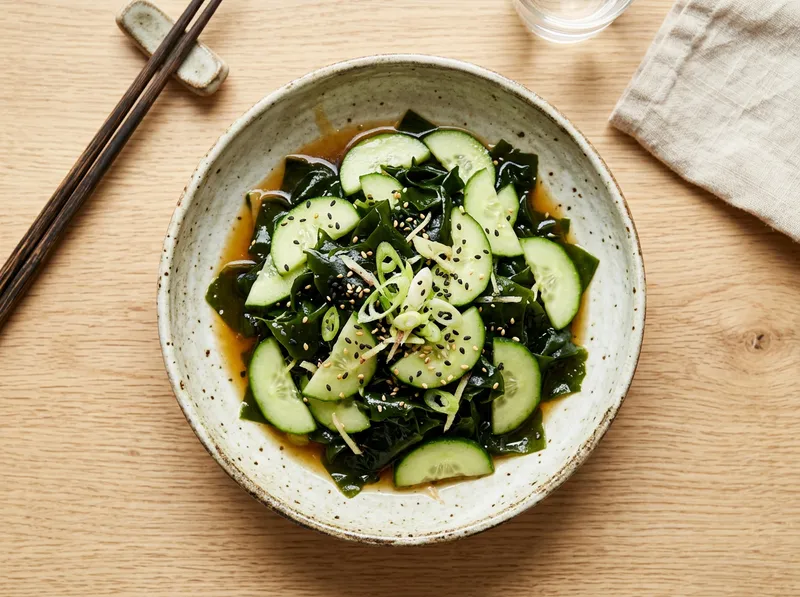 Knackiger Wakame-Gurken-Bowl mit Ingwer-Miso-Dressing
