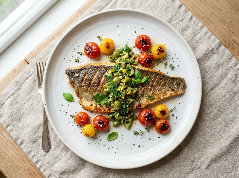 Knusprige Branzino mit Zitronen-Oliven-Salsa und gerösteten Kirschtomaten