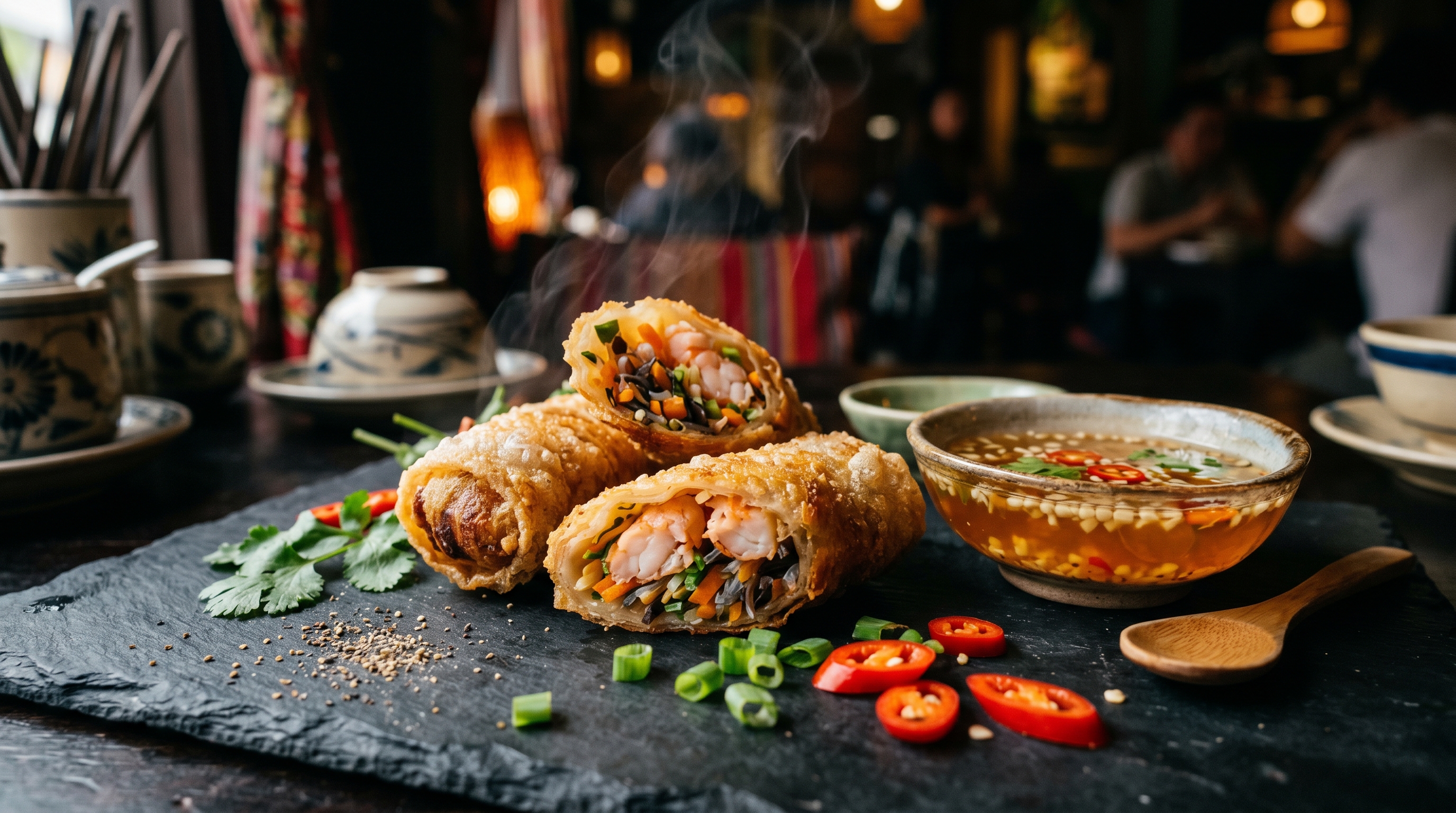 Knusprige Frühlingsrollen mit Garnelen und Süß-Sauer-Dip