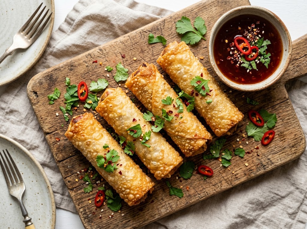 Knusprige Frühlingsrollen mit Garnelen und Süß-Sauer-Dip