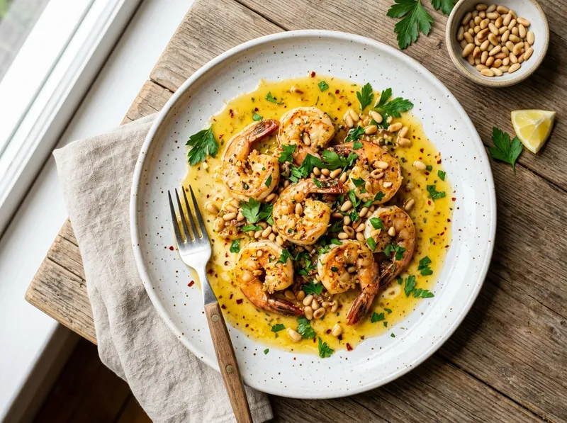 Knusprige Garnelen mit Zitronen-Chili-Butter und Pinienkernen