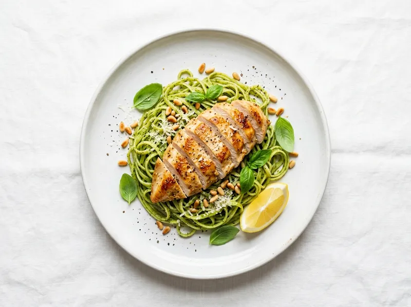 Knusprige Hähnchenbrust mit Zitronen-Pesto-Linguine und Pinienkernen