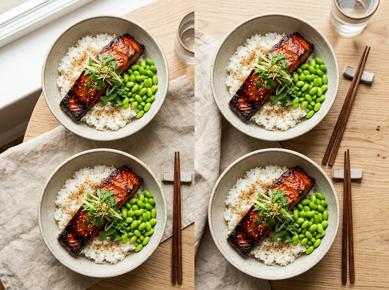 Knusprige Lachs-Teriyaki-Bowl mit Edamame und Sesam-Ingwer-Reis