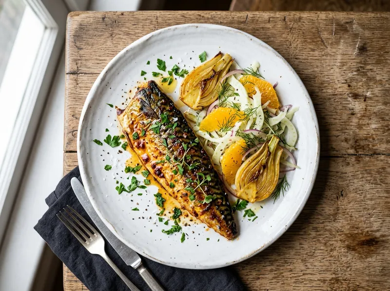 Knusprige Makrele mit Harissa-Zitronen-Kruste und warmem Fenchel-Orangen-Salat