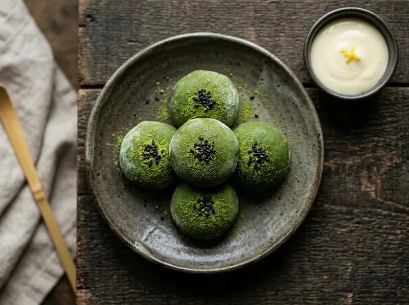 Knusprige Matcha-Mochi-Happen mit Sesam und Yuzu-Creme