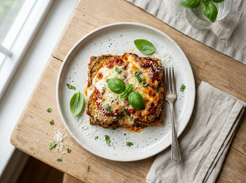 Knusprige Parmigiana di Melanzane mit frischem Basilikum