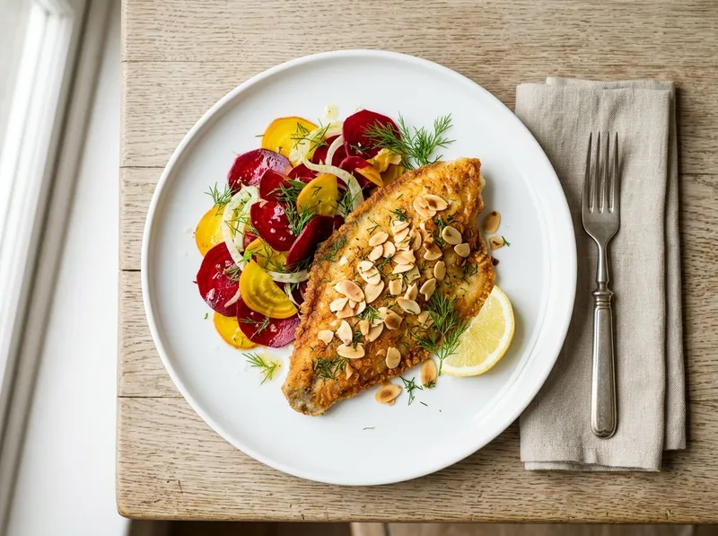 Knusprige Scholle mit Zitronen-Mandel-Kruste und buntem Rüben-Fenchel-Salat