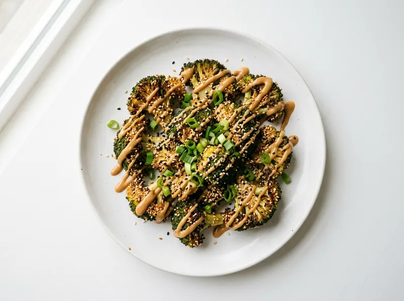 Knusprige Sesam-Brokkoli-Schalen mit Erdnuss-Ingwer-Sauce
