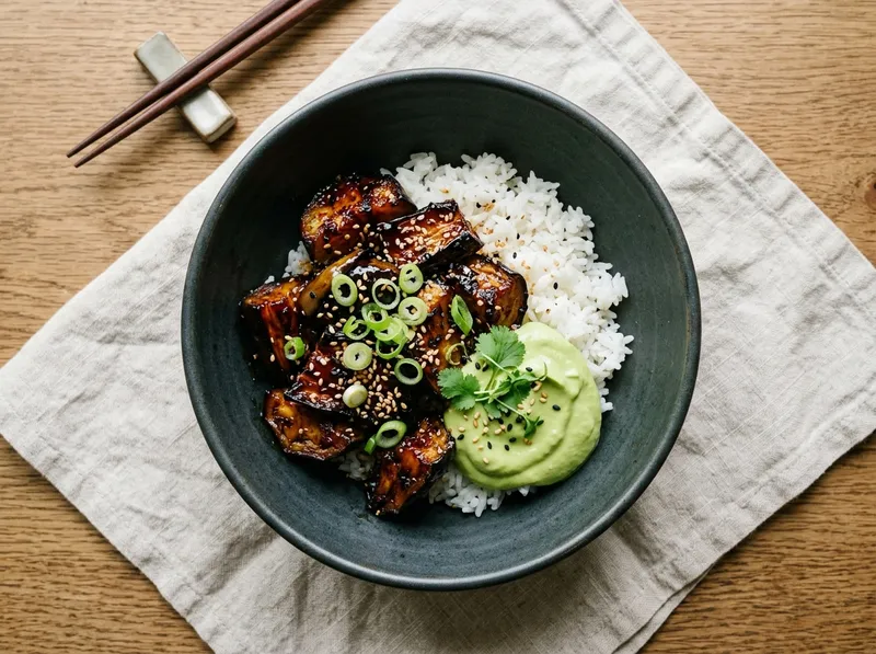 Knusprige Teriyaki-Auberginen mit Sesam-Reis und Wasabi-Avocado
