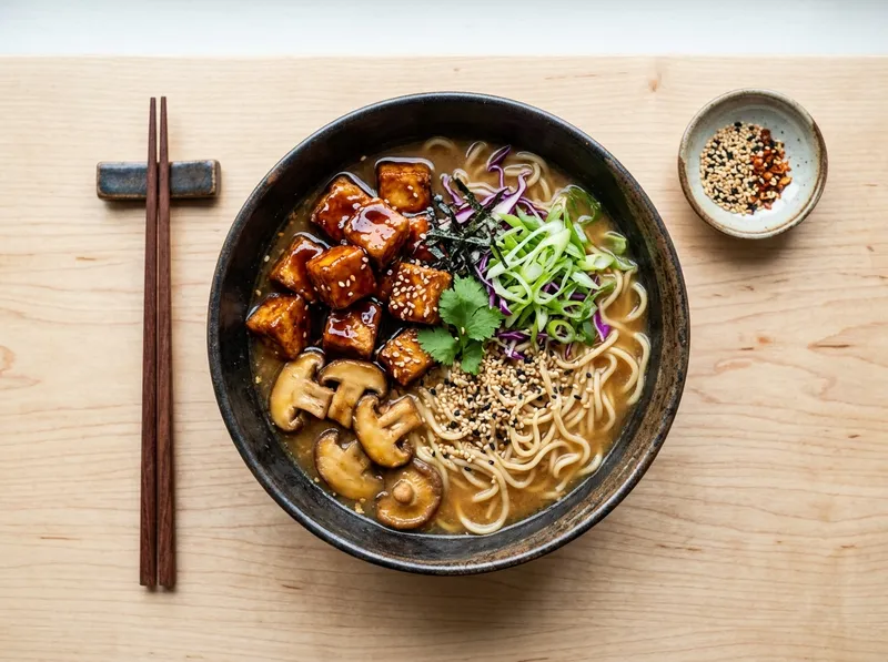 Knusprige Teriyaki-Ramen-Bowl mit Tofu und Pilzen
