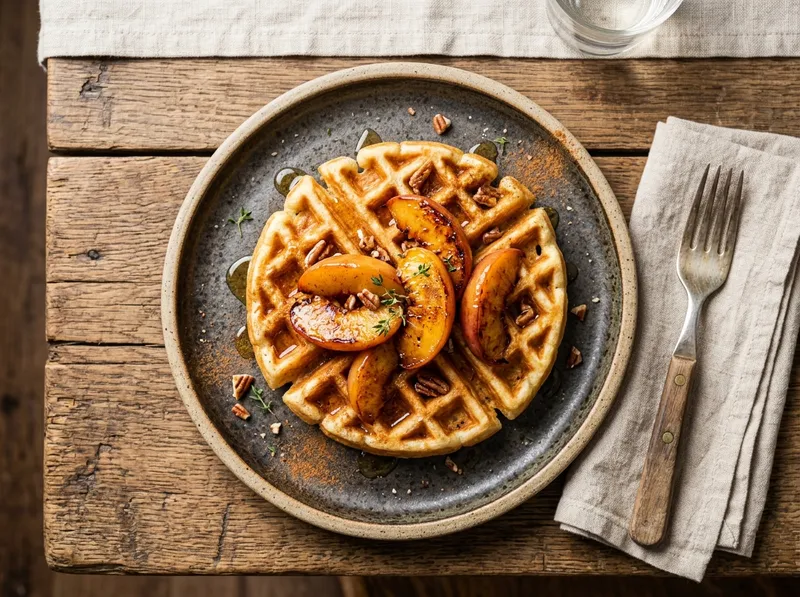 Knusprige Zimt-Quark-Waffeln mit Honig-Pfirsichen