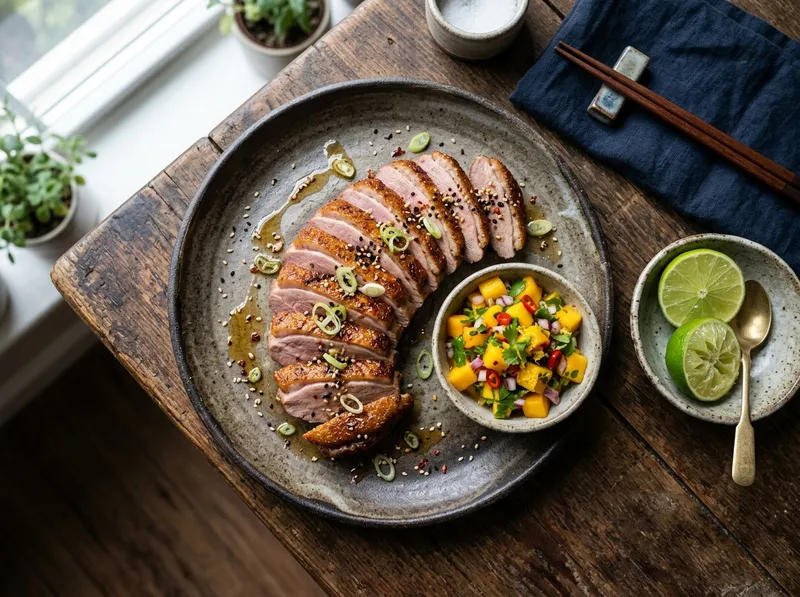 Knuspriger Fünf-Gewürze-Ente mit Mango-Koriander-Salsa