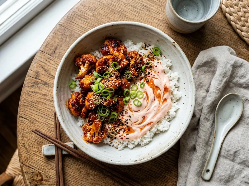 Knuspriger Gochujang-Blumenkohl-Bowl mit Kimchi-Joghurt