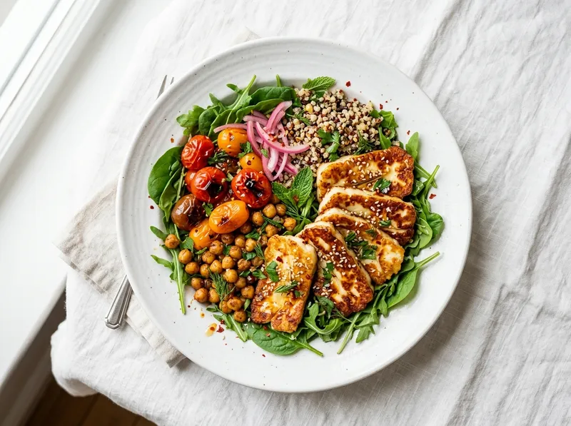 Knuspriger Halloumi-Bowl mit Honig-Chili-Glasur und Kräutern