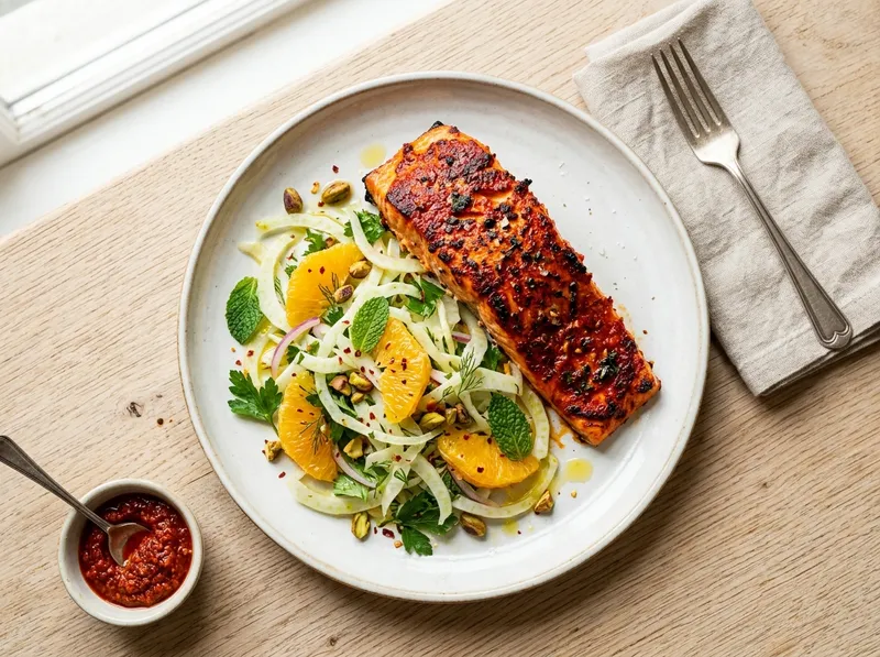 Knuspriger Harissa-Lachs mit Orangen-Fenchel-Salat