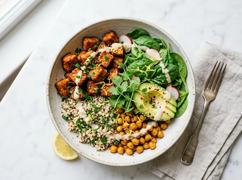 Knuspriger Harissa-Tempeh-Bowl mit Quinoa und Zitronen-Tahini