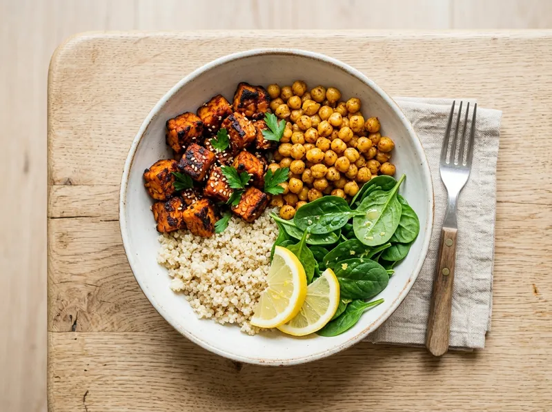 Knuspriger Harissa-Tempeh mit Quinoa und Zitronen-Kichererbsen