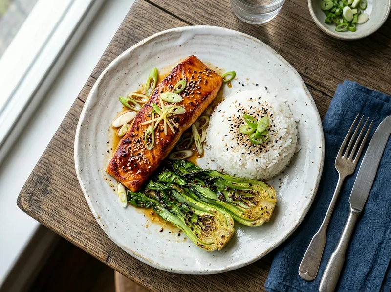 Knuspriger Ingwer-Honig-Lachs mit Bok Choy und Sesam-Reis