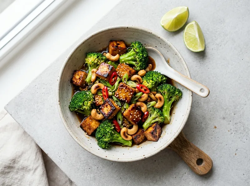 Knuspriger Ingwer-Limetten-Tofu mit Brokkoli und Cashews