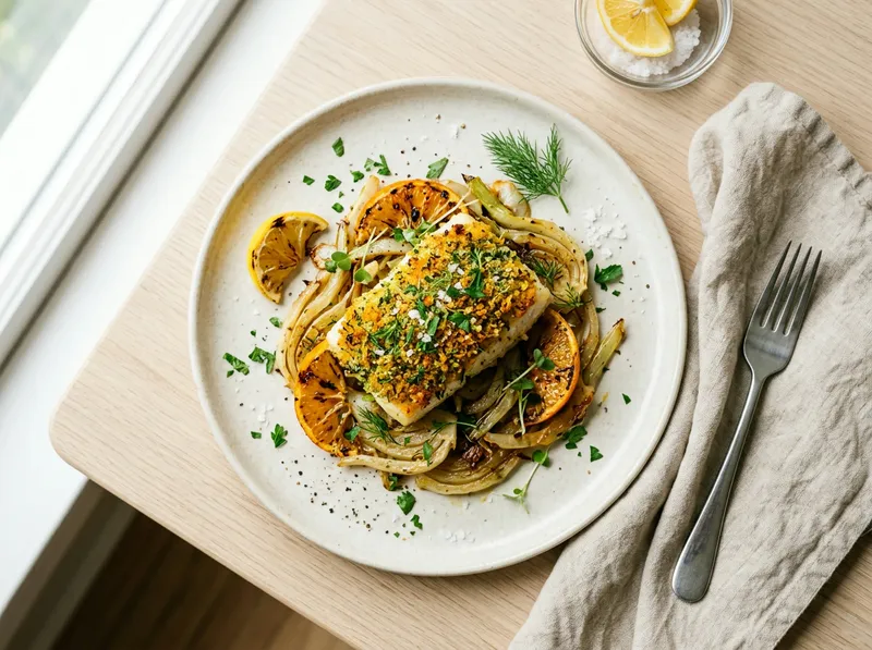 Knuspriger Kabeljau mit Zitronen-Kräuter-Kruste und warmem Fenchelsalat