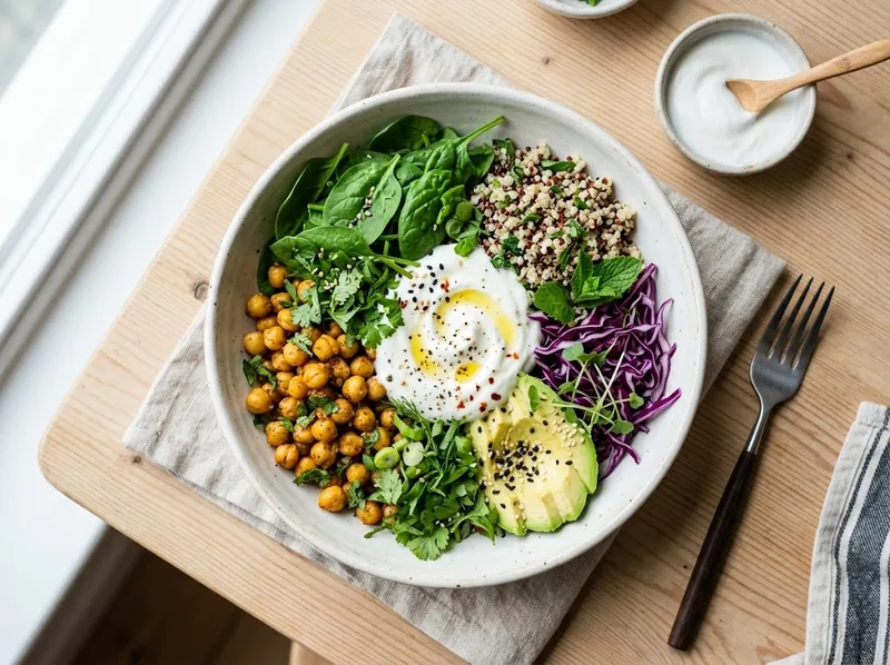 Knuspriger Kichererbsen-Curry-Bowl mit frischem Spinat und Kokos-Joghurt