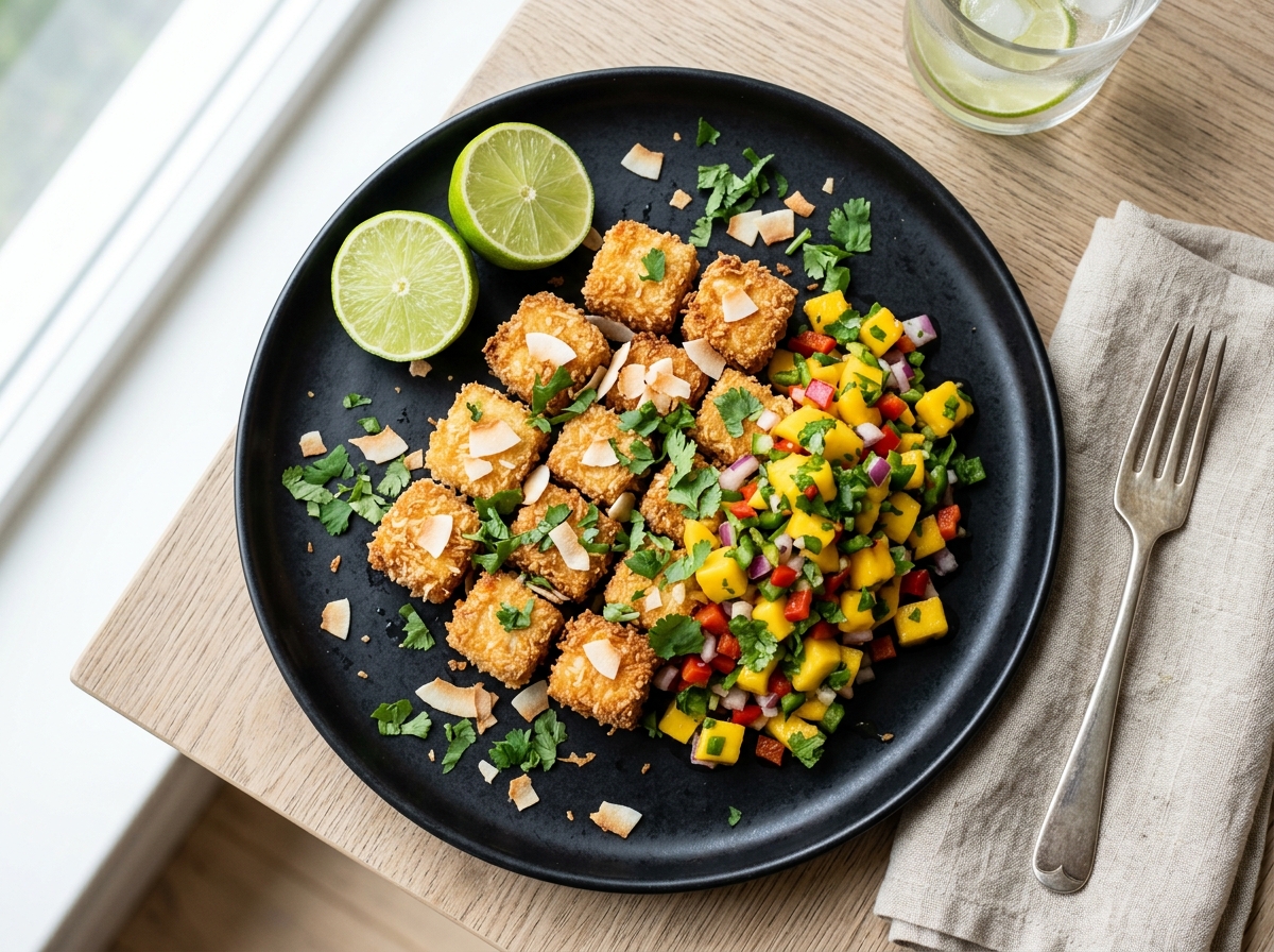 Knuspriger Kokos-Limetten-Tofu mit Mango-Salsa
