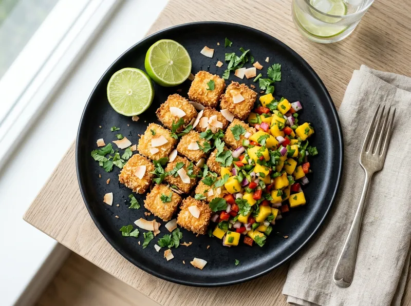 Knuspriger Kokos-Limetten-Tofu mit Mango-Salsa