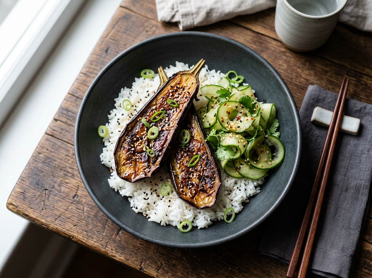 Knuspriger Miso-Auberginen-Bowl mit Sesam-Gurken und Jasminreis