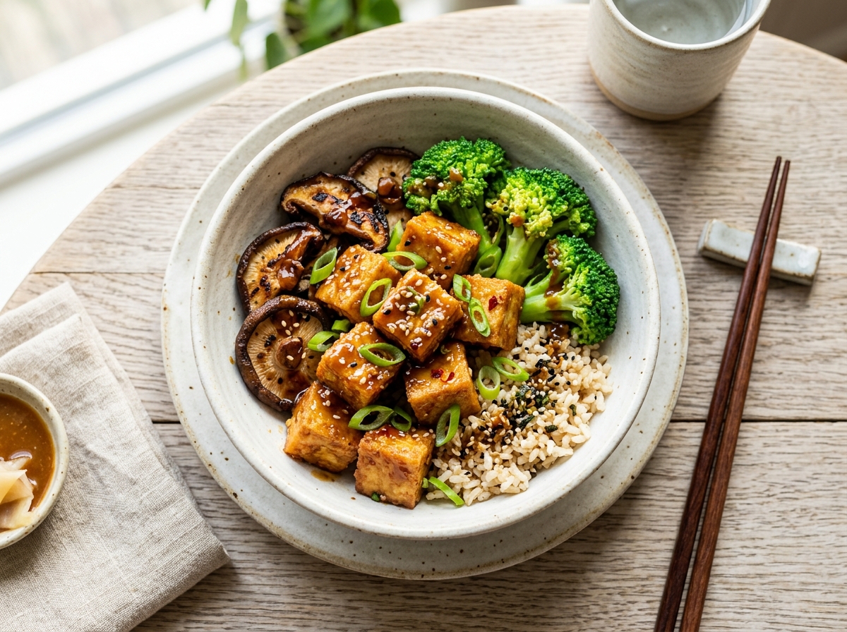 Knuspriger Miso-Glasur-Tofu mit Shiitake und Brokkoli