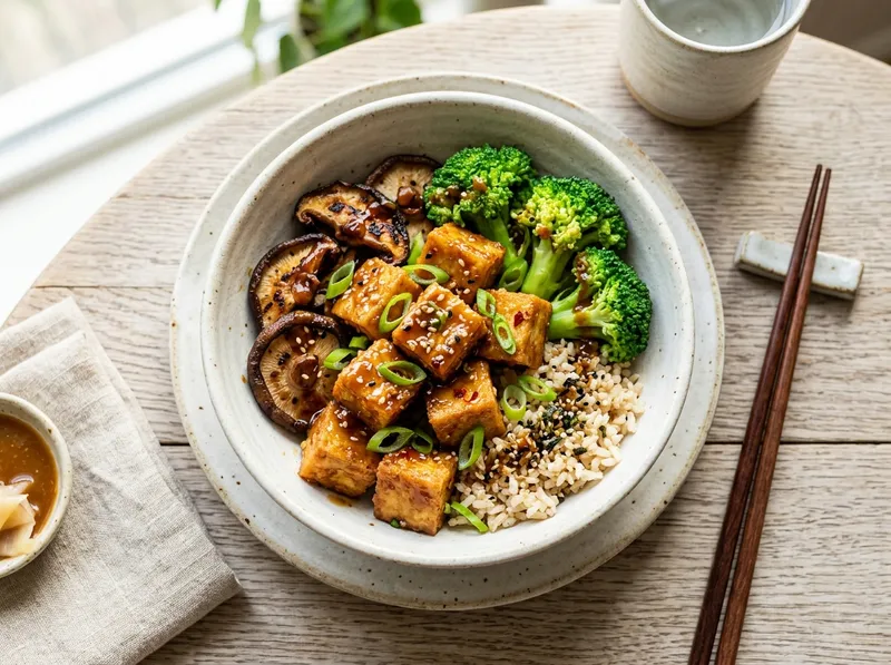 Knuspriger Miso-Glasur-Tofu mit Shiitake und Brokkoli
