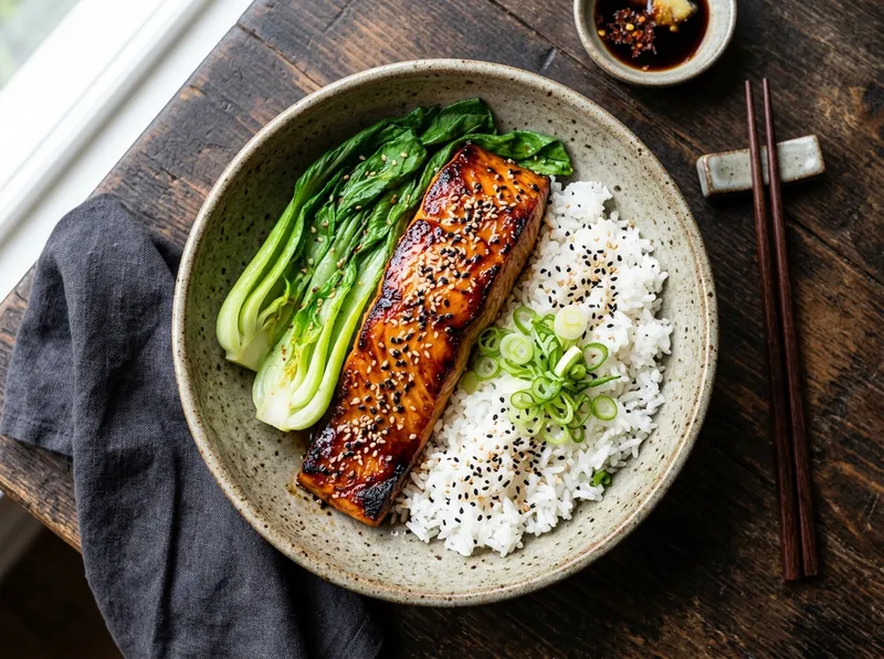 Knuspriger Miso-Honig-Lachs mit Pak Choi und Sesam-Reis