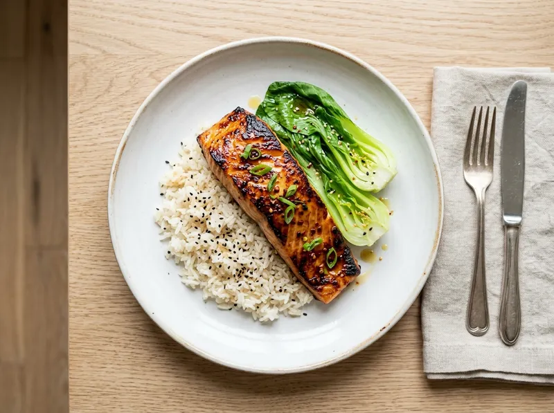 Knuspriger Miso-Ingwer-Lachs mit Pak Choi und Sesam-Jasminreis
