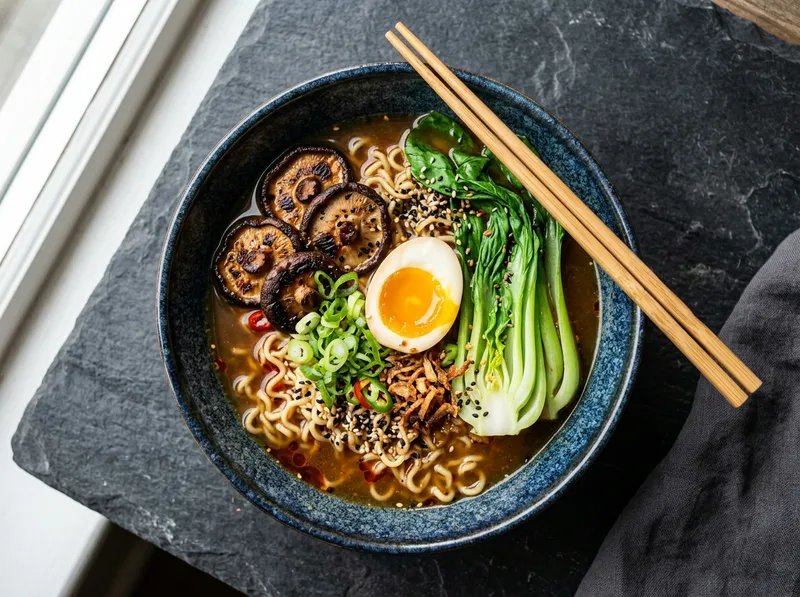 Knuspriger Miso-Ingwer-Ramen-Bowl mit Shiitake und weichem Ei