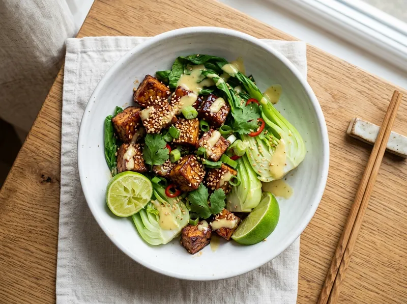 Knuspriger Miso-Tempeh mit Pak Choi und Ingwer-Limetten-Dressing