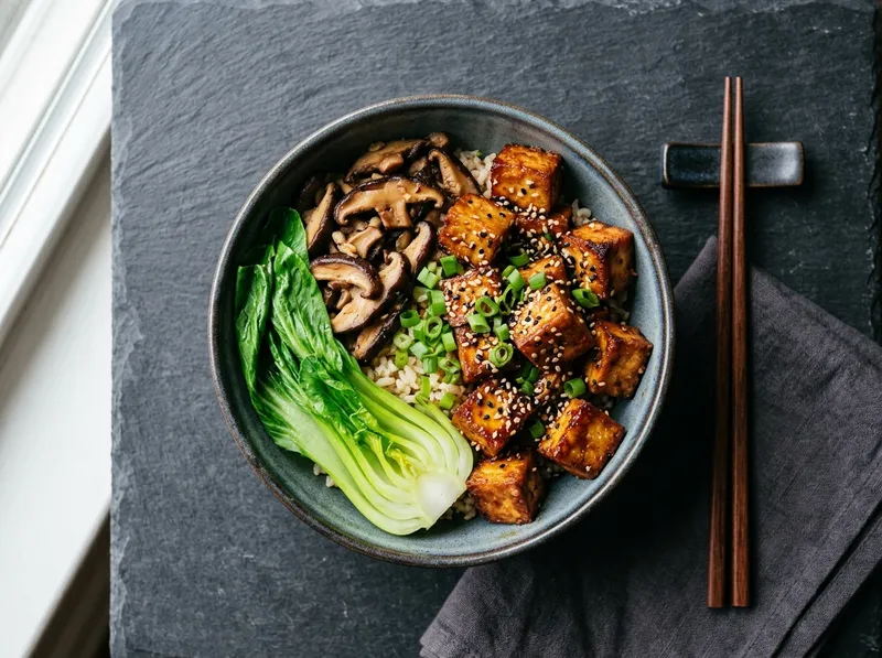 Knuspriger Miso-Tofu mit Shiitake und Bok Choy