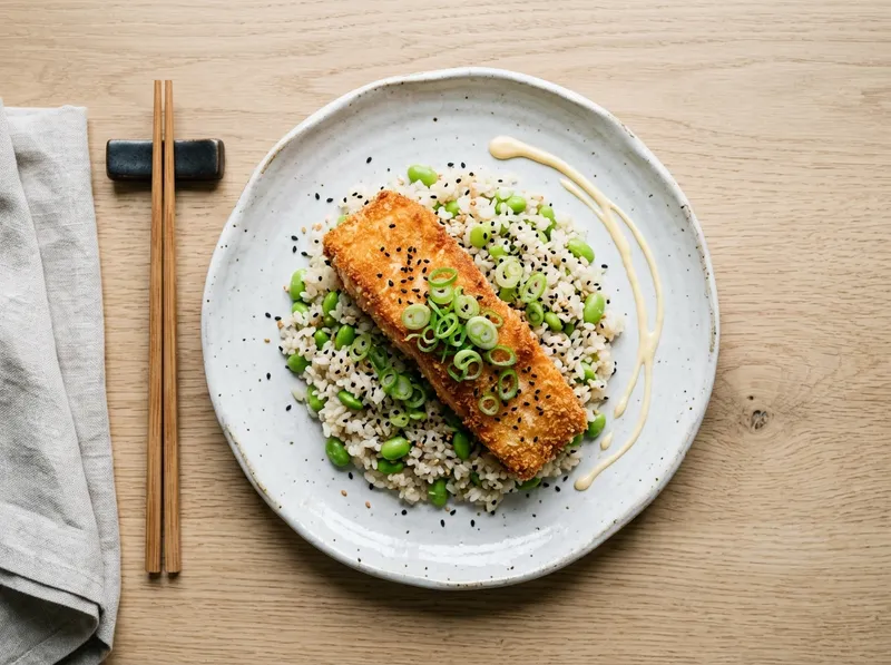 Knuspriger Panko-Lachs mit Edamame-Sesam-Reis und Yuzu-Mayo