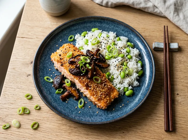 Knuspriger Panko-Lachs mit Miso-Butter-Shiitake und Edamame-Reis
