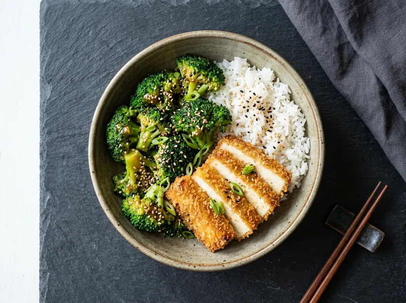 Knuspriger Panko-Tofu mit Miso-Butter-Brokkoli und Jasminreis