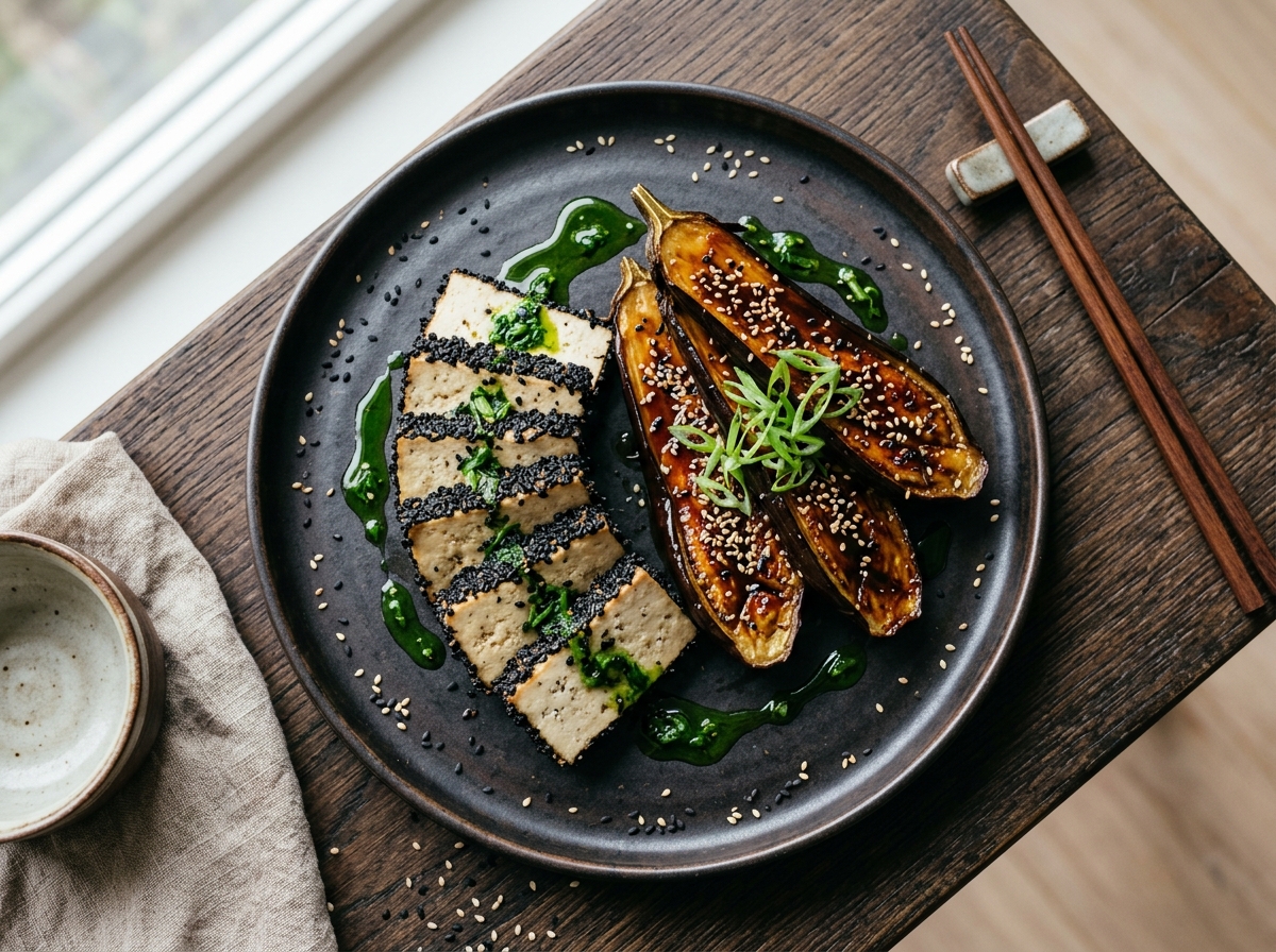 Knuspriger Schwarzer Sesam-Tofu mit Miso-Auberginen und Frühlingszwiebel-Öl
