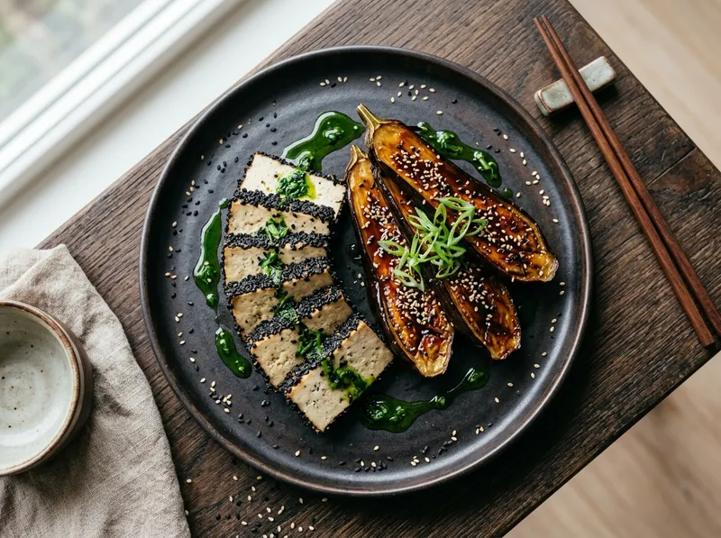 Knuspriger Schwarzer Sesam-Tofu mit Miso-Auberginen und Frühlingszwiebel-Öl