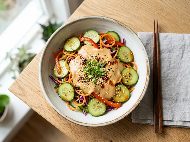 Knuspriger Sesam-Gurken-Bowl mit Scharfem Erdnuss-Dressing