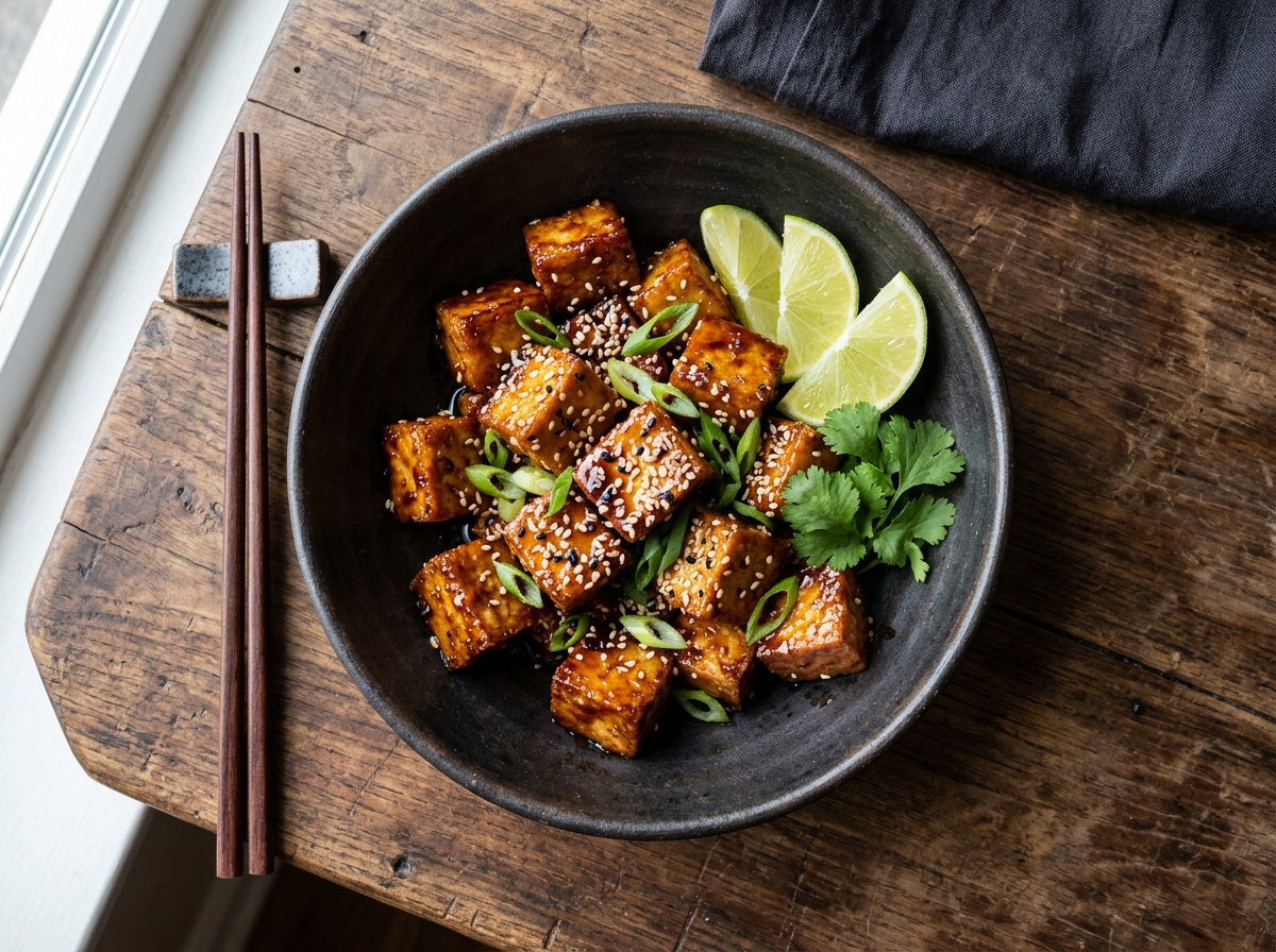 Knuspriger Sesam-Ingwer-Tofu mit Soja-Honig-Glasur und Frühlingszwiebeln