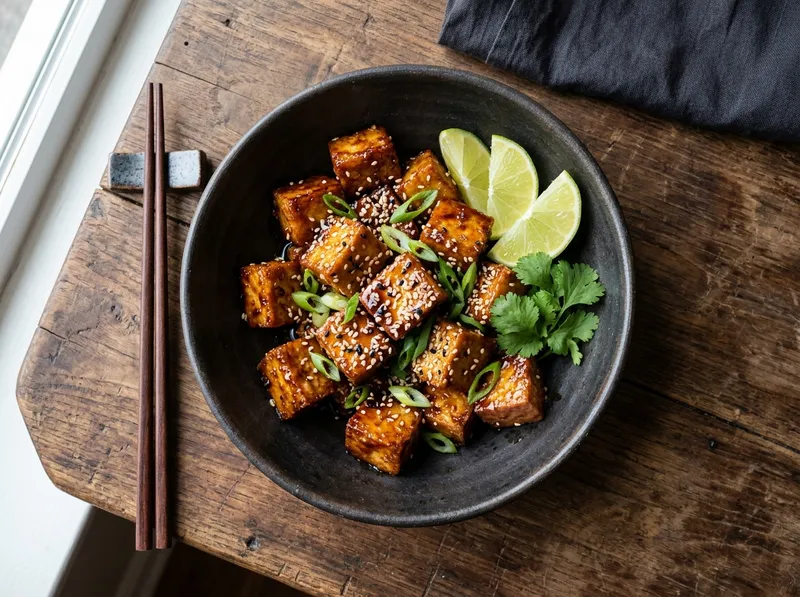 Knuspriger Sesam-Ingwer-Tofu mit Soja-Honig-Glasur und Frühlingszwiebeln