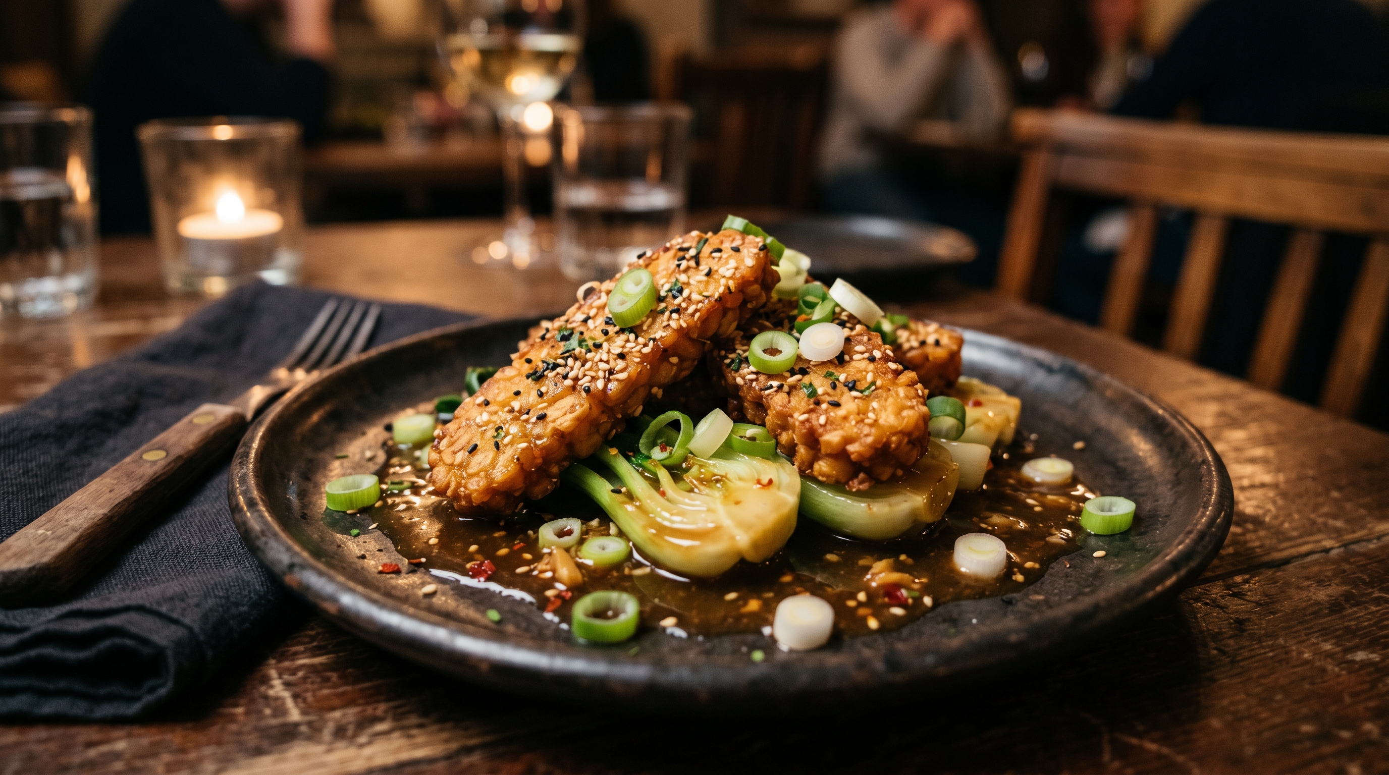 Knuspriger Sesam-Tempeh mit Pak Choi und Ingwer-Soja-Glasur