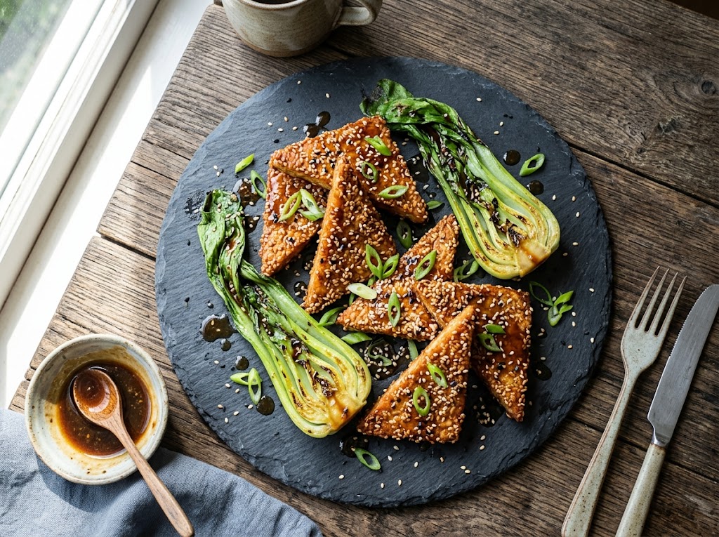 Knuspriger Sesam-Tempeh mit Pak Choi und Ingwer-Soja-Glasur