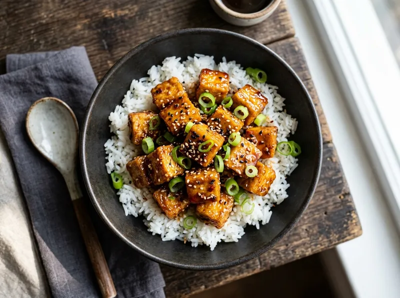 Knuspriger Sesam-Tofu-Bowl mit Sriracha-Honig-Glasur und Jasminreis