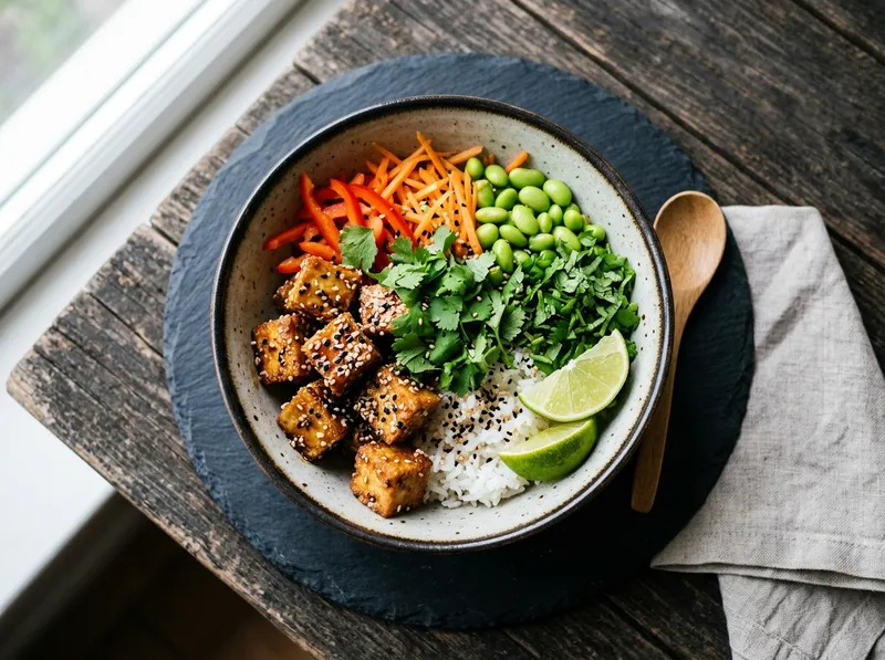 Knuspriger Sesam-Tofu-Bowl mit Zitrus-Edamame und Koriander-Reis