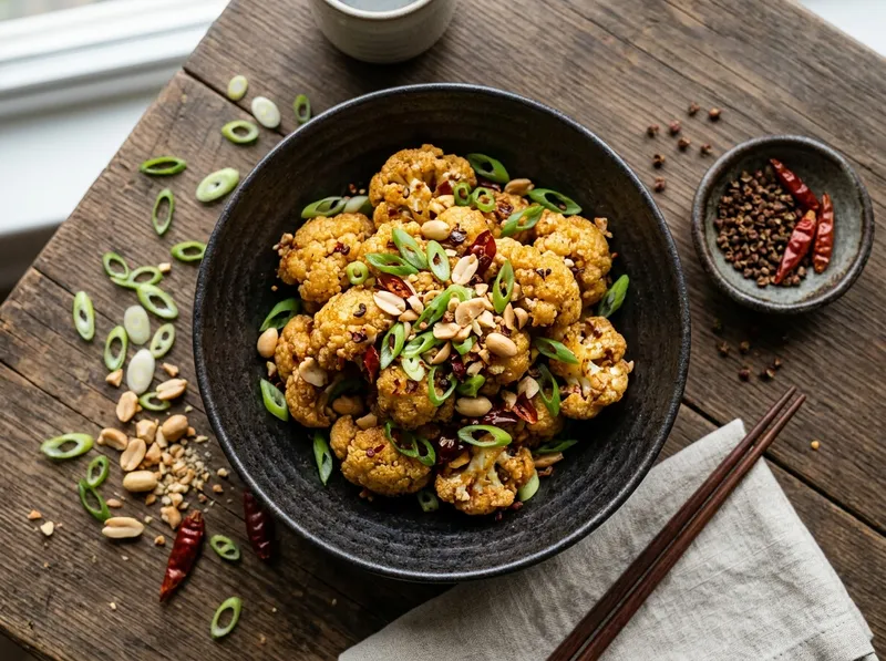 Knuspriger Szechuan-Blumenkohl mit Erdnuss-Glasur und Frühlingszwiebeln