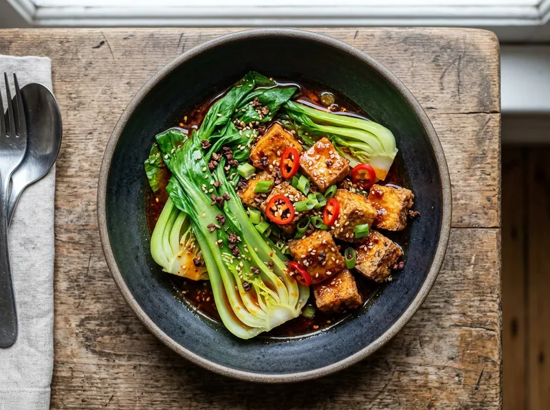 Knuspriger Szechuan-Tofu mit Pak Choi und Ingwer-Chili-Öl