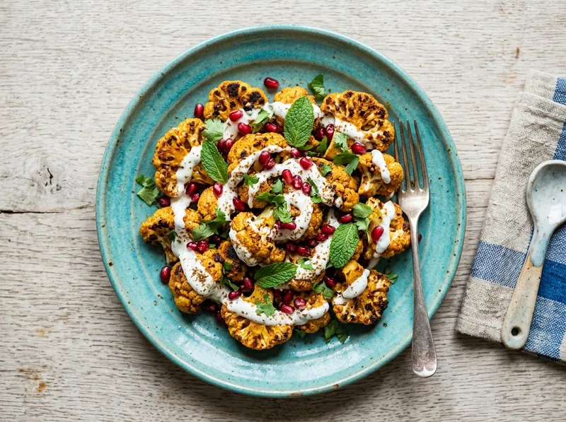 Knuspriger Tandoori-Blumenkohl mit Minz-Joghurt und Granatapfelkernen
